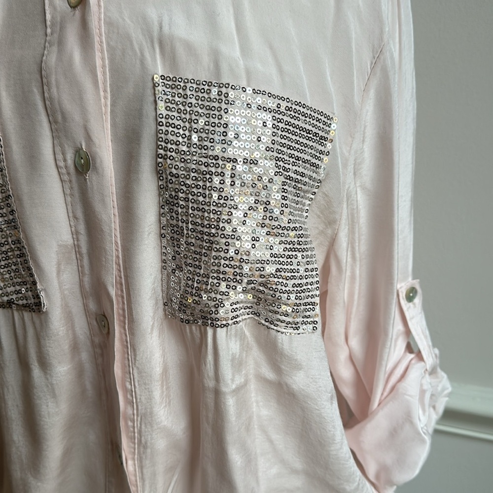 Made In Italy Sequins Pocket Rayon Blousey Top Pink OS EUC - Picture 2 of 8